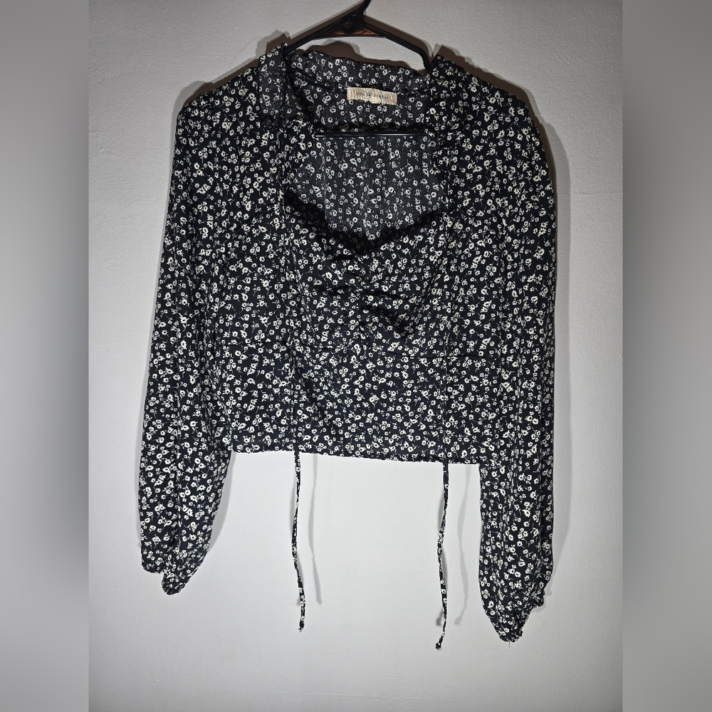 Floral Black Blouse Tie Collar